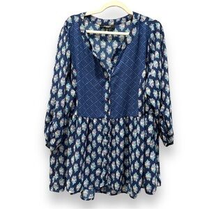 CHELSEA STUDIO | Blue Mixed Media Patterned Tunic | Plus Size 1X 22/24 (2X 3X)